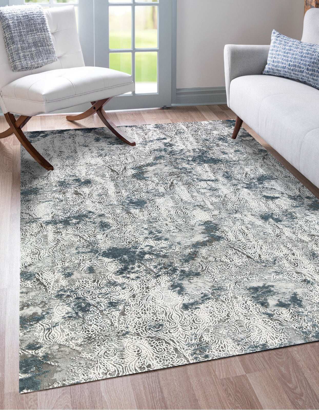 PREMIUM Abstract Living Grey/Turquoise Acrylic/Bamboo Rectangular Rug Adonis 1911B