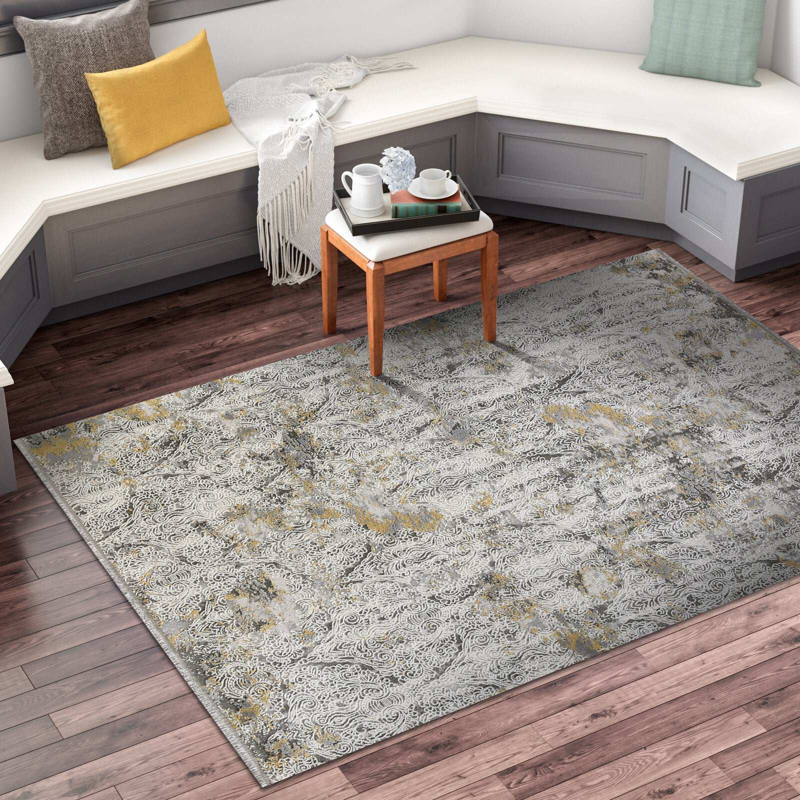 PREMIUM Floral Bedroom Rug Grey/Yellow Acrylic/Bamboo Rectangular Adonis 1911D