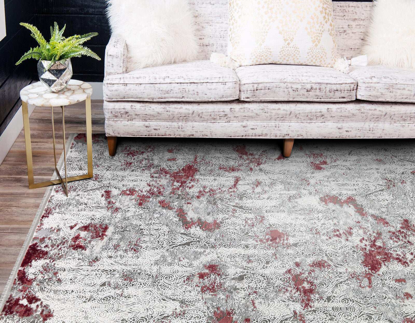 PREMIUM Modern Living Room Rug Grey/Burgundy Acrylic/Bamboo Rectangular Adonis 1911E