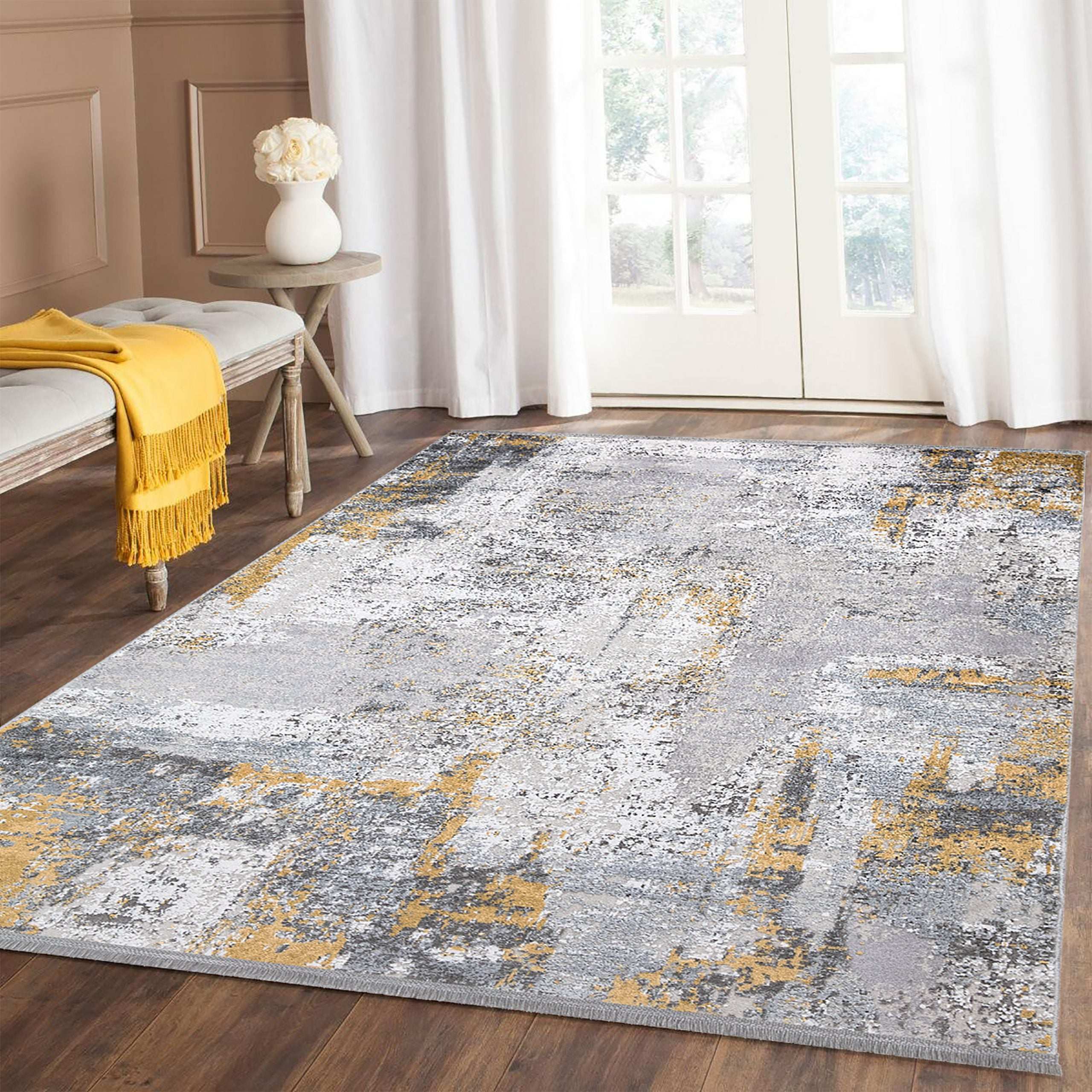 PREMIUM Modern/Abstract Living Room Yellow/Grey Acrylic/Bamboo Rectangular Rug Adonis 2684A