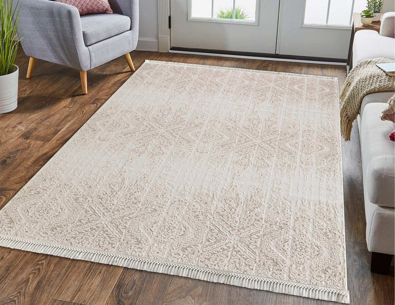 PREMIUM Modern/Geometric Bedroom Carpet Cream/White Acrylic - Aysil 1880A