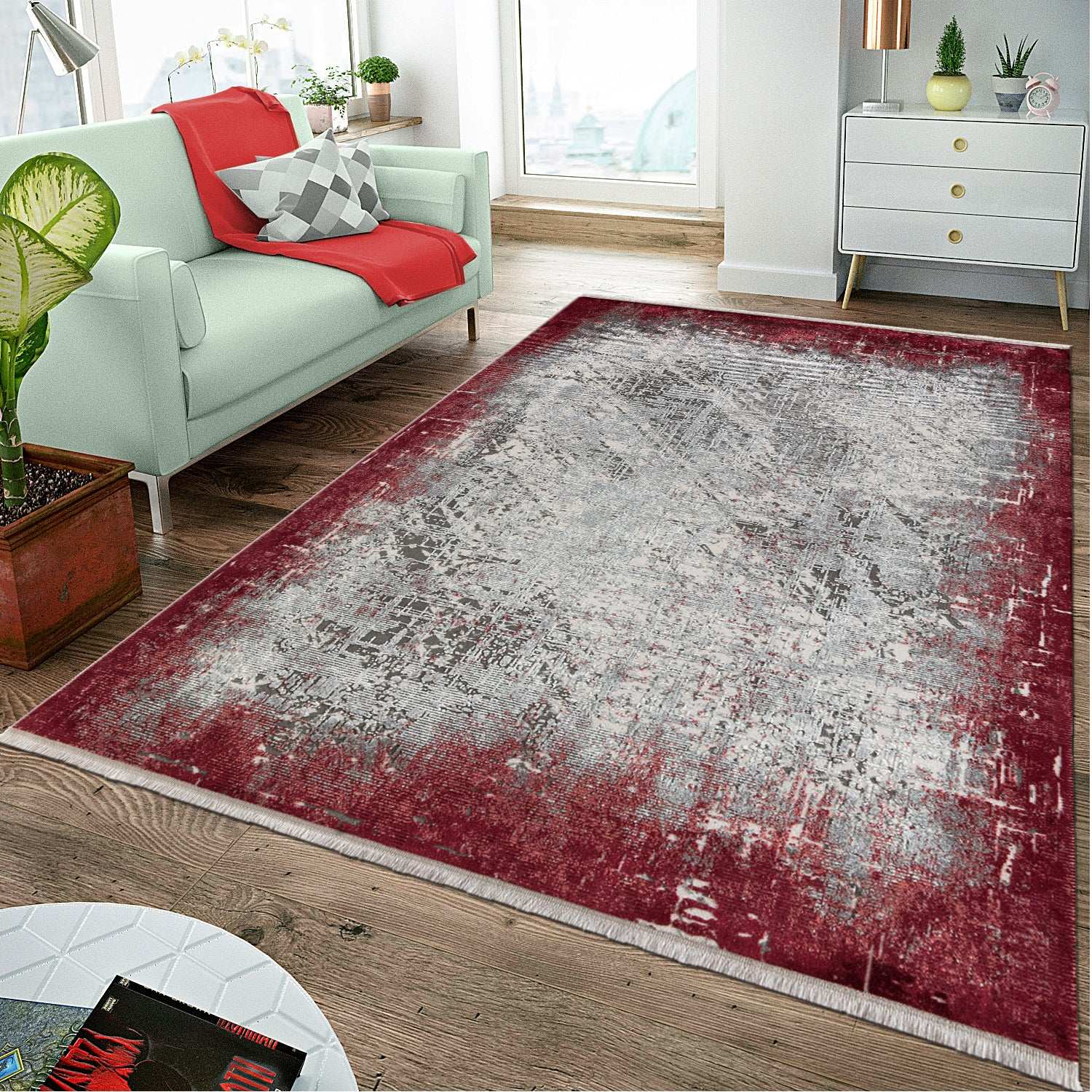 PREMIUM Modern Bedroom Rug Grey/Burgundy Acrylic/Bamboo Rectangular Adonis 1738D