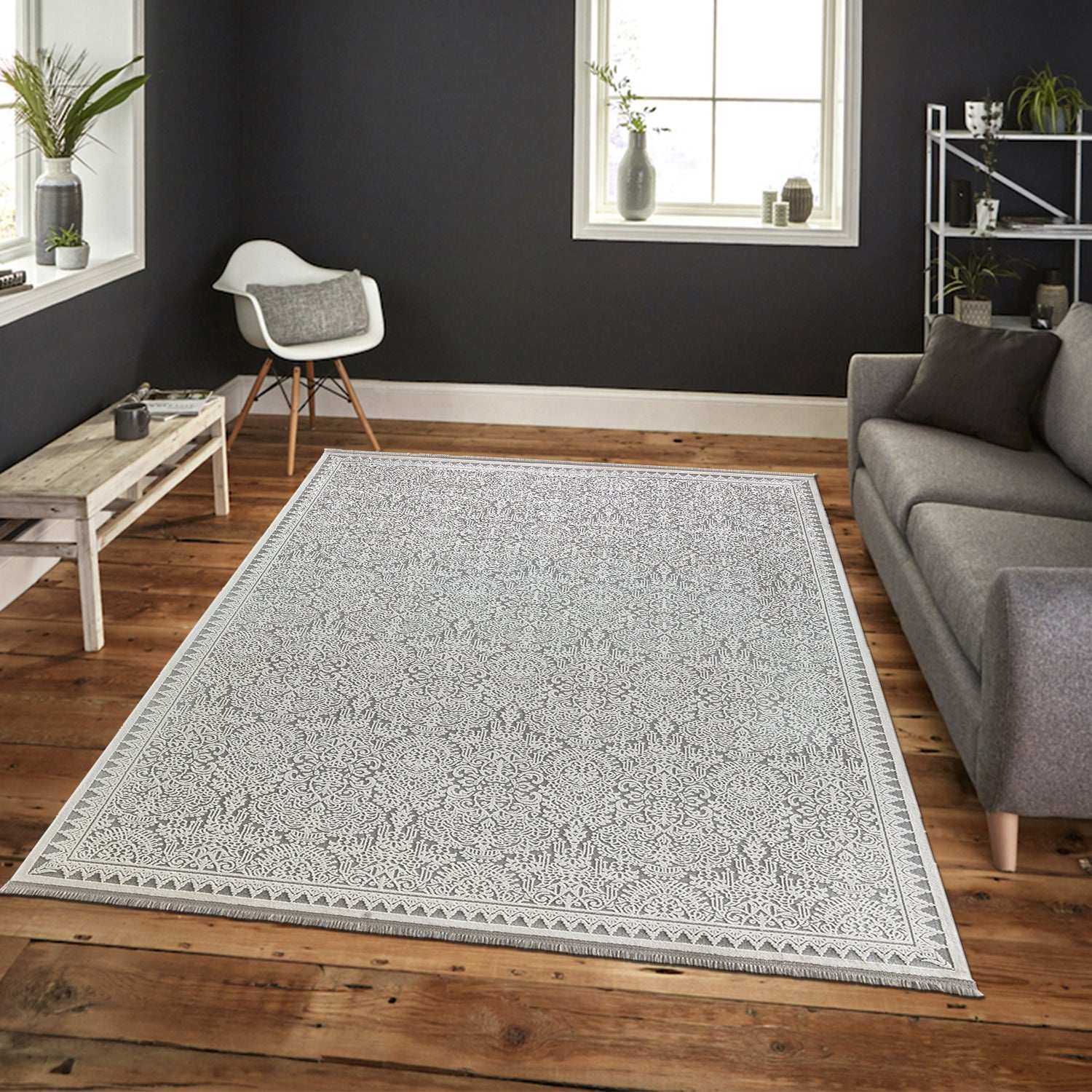 PREMIUM Modern Living Room Rug Grey/White Acrylic/Bamboo Rectangular Adonis 1928A