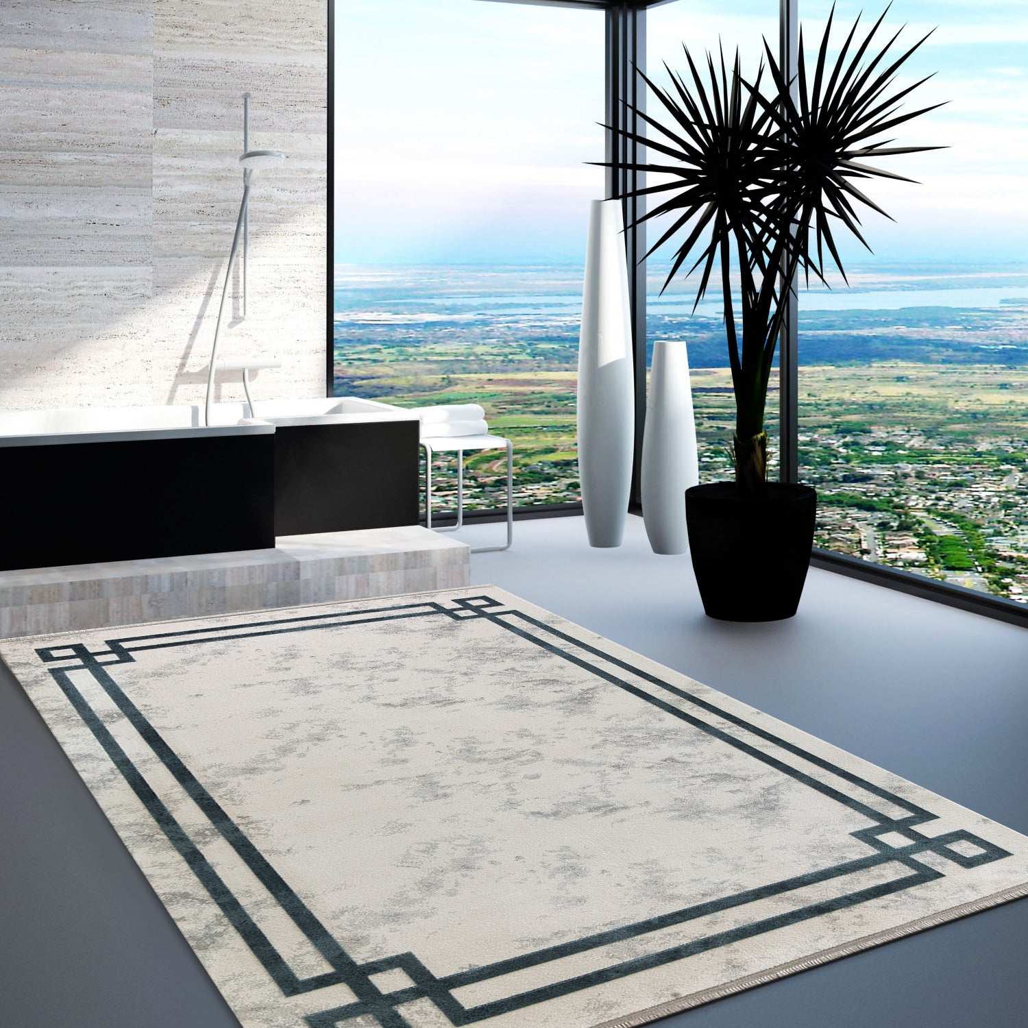 PREMIUM Minimalist/Modern Living Cream/Turquoise Acrylic/Bamboo Carpet Adonis 2596A