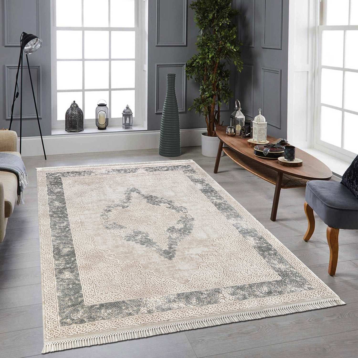 PREMIUM Classic Bedroom Carpet Grey/Cream Acrylic Rectangular - Aysil 1716A