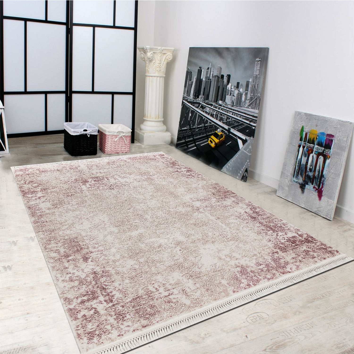 PREMIUM Abstract/Modern Living Cream/Pink Acrylic Carpet - Aysil 1717B