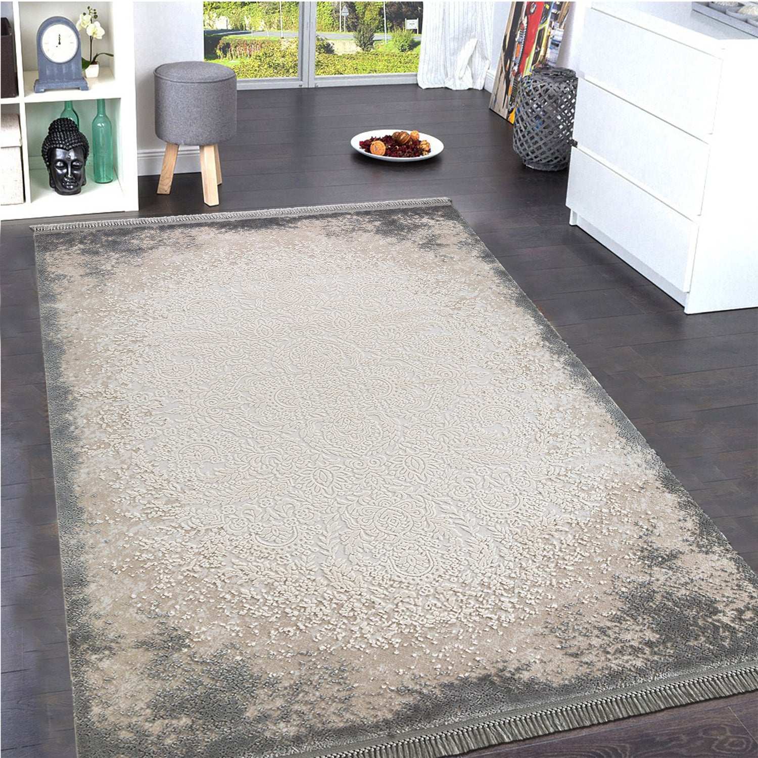 PREMIUM Modern Living Grey/Cream Acrylic Carpet - Aysil 1861D