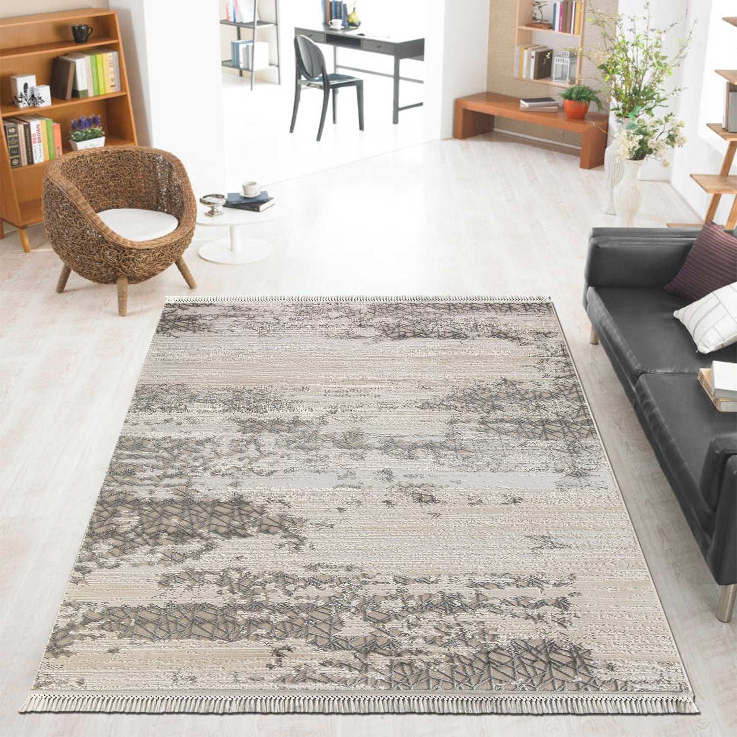 PREMIUM Modern Bedroom Carpet Grey/Cream Acrylic - Aysil 1876A