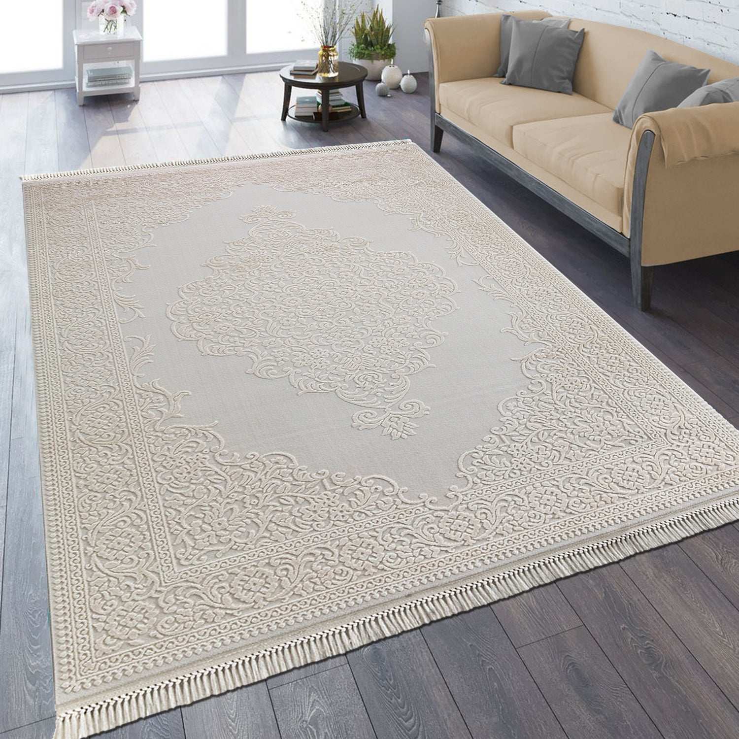 PREMIUM Modern Living Cream/White Acrylic Rectangular Carpet - Aysil 1897B