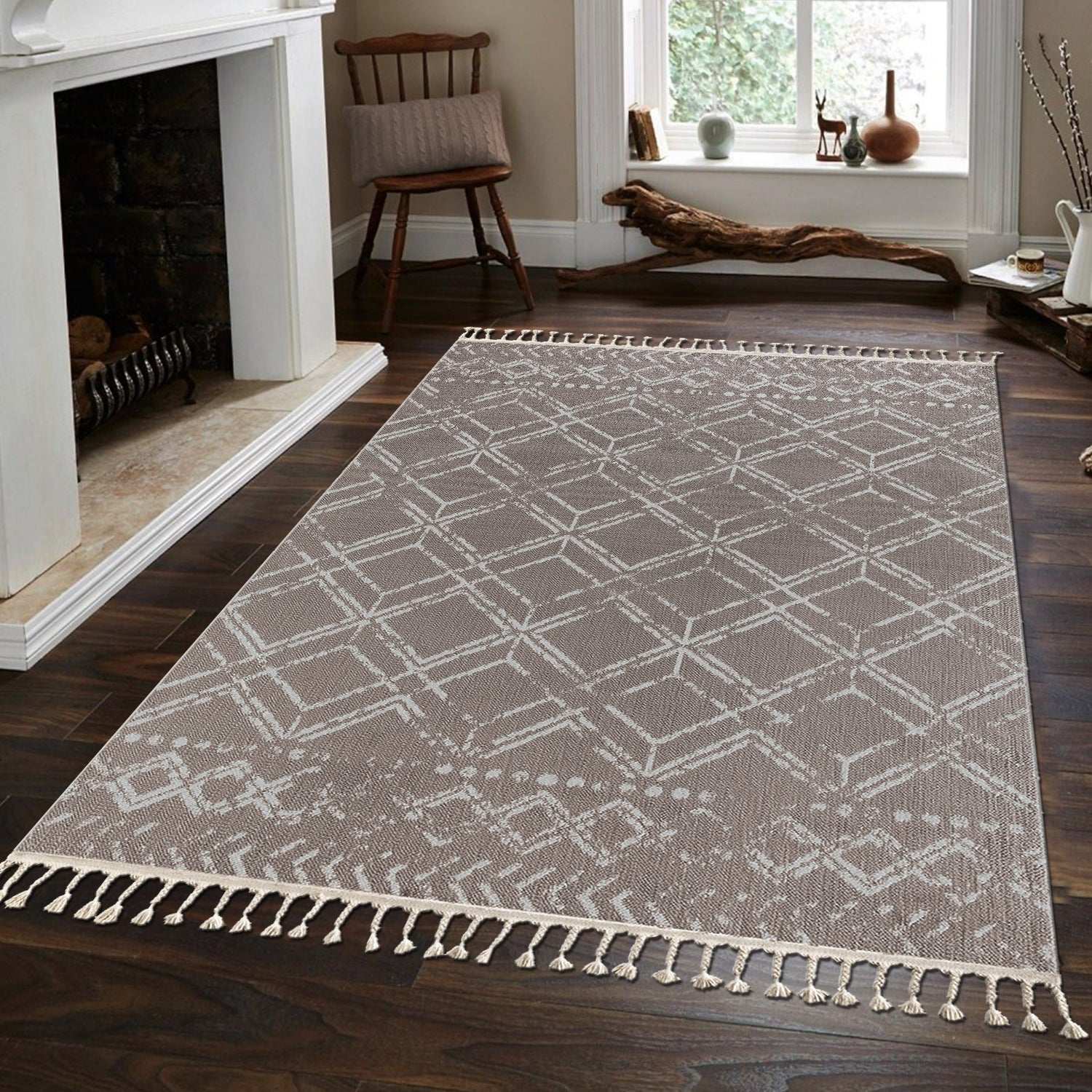 Geometric Living Room Rug Brown Polyester Rectangular Otantik 2588A