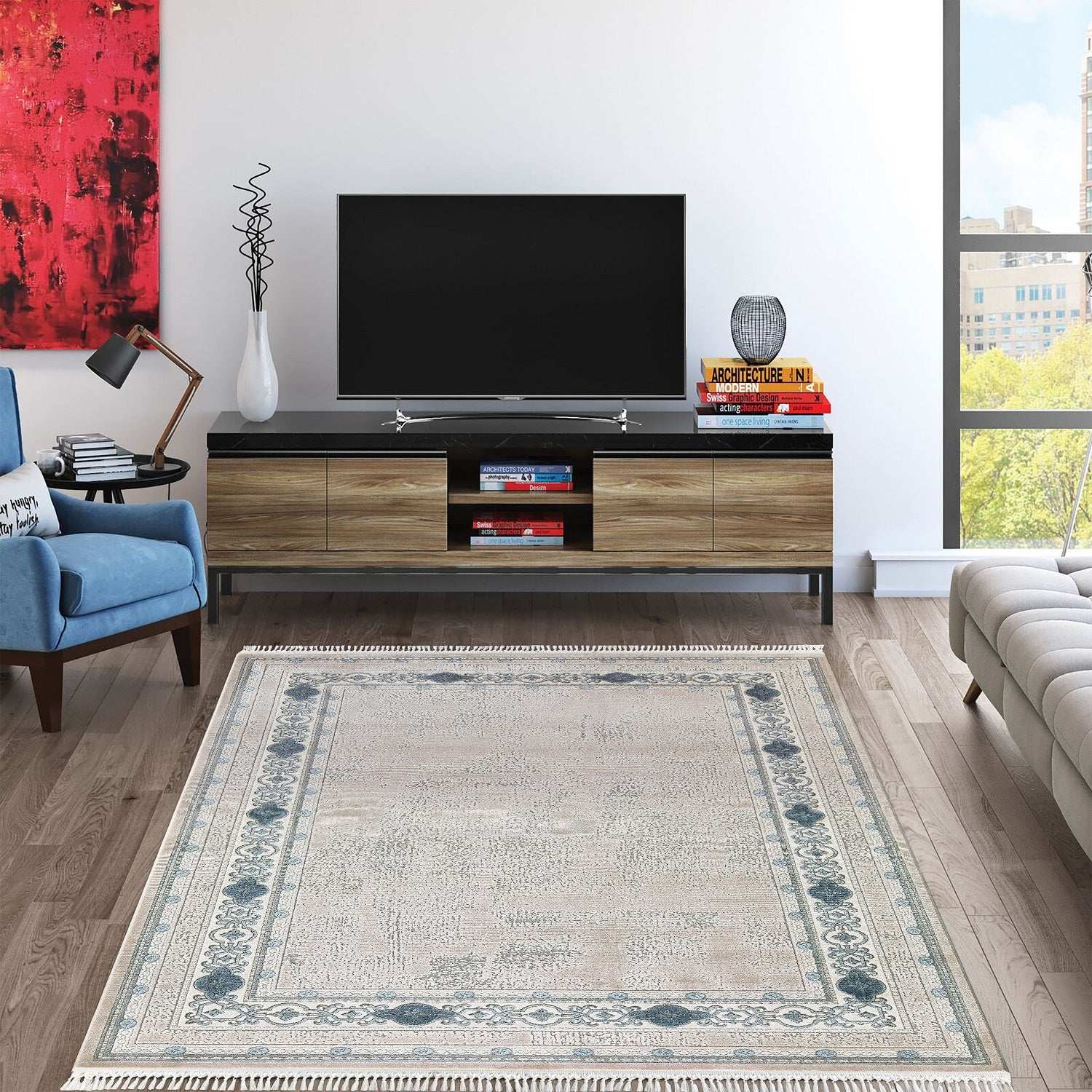 PREMIUM Modern/Minimalist Bedroom Blue/Cream Acrylic Rectangular Purple Rug 2601C