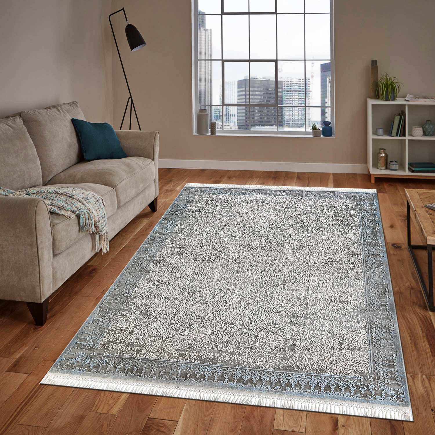 PREMIUM Abstract/Modern Living Cream/Blue Acrylic Rectangular Carpet Violet Collection 2613C