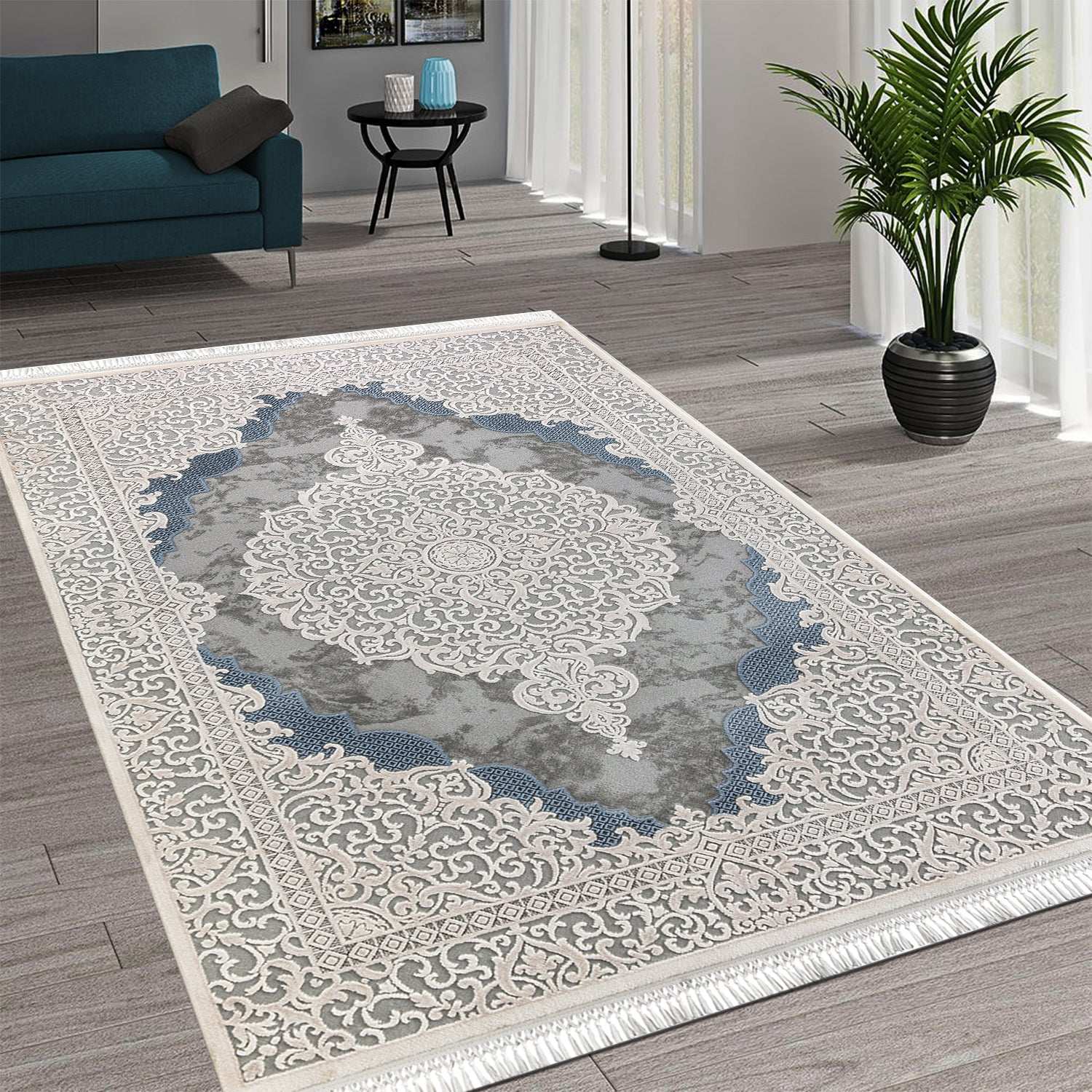 PREMIUM Modern/Floral Bedroom Rug Blue/Grey/Cream Acrylic Rectangular Purple 2614B